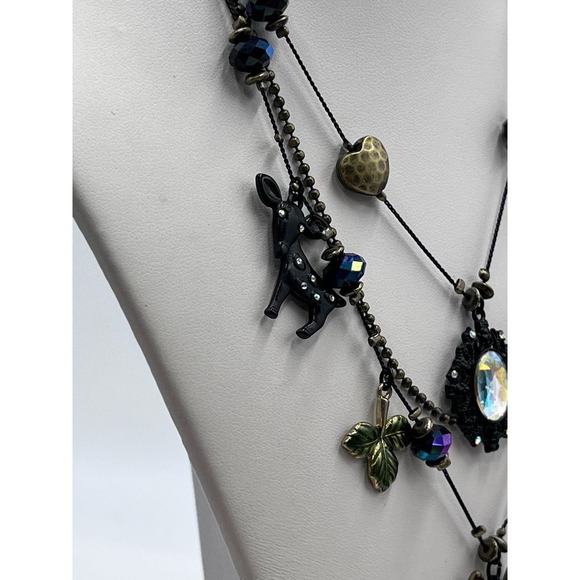 Betsey Johnson Dark Forest Triple Strand Gunmetal Necklace Fox Rabbit Charms - Picture 5 of 16